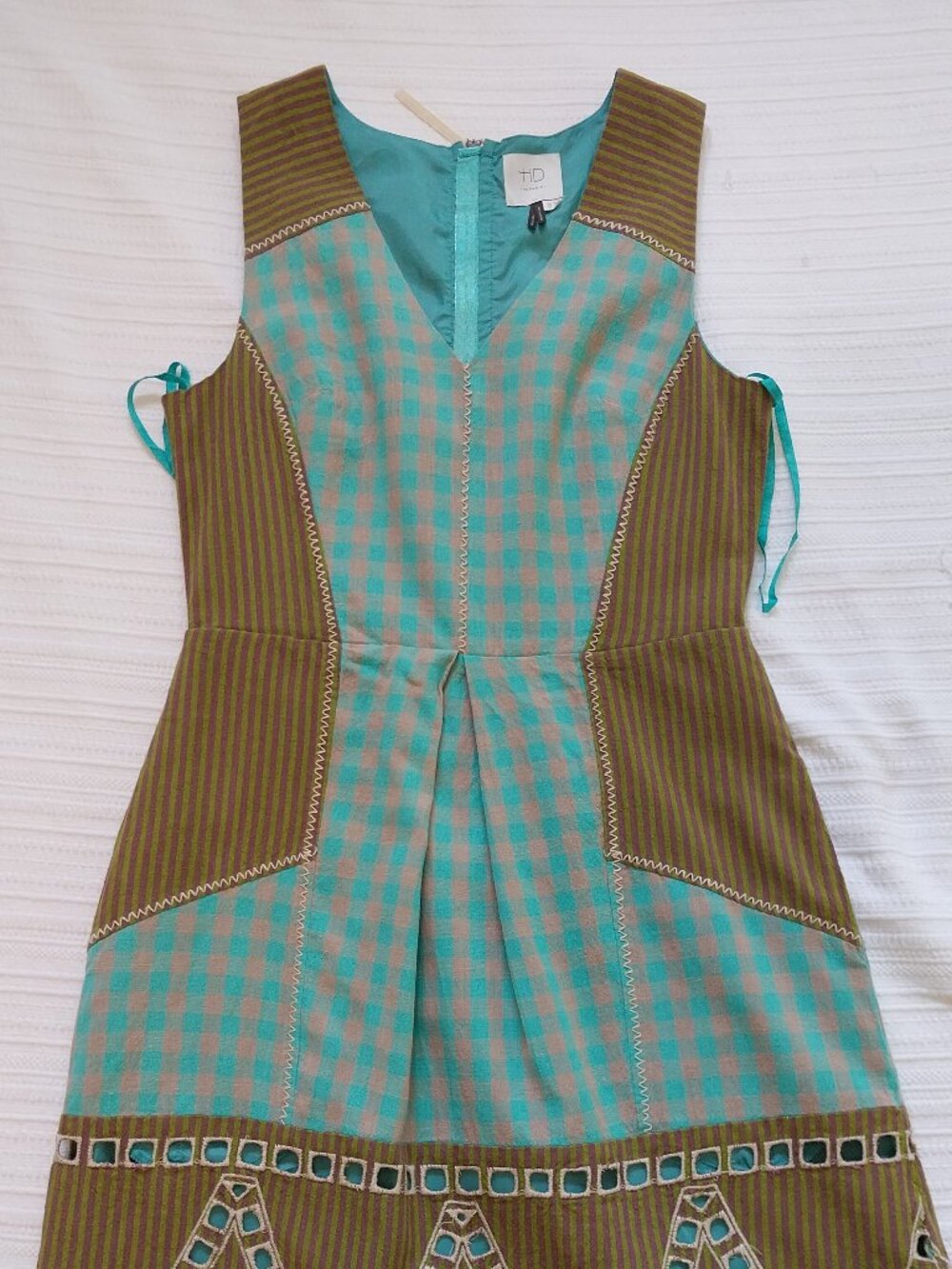 HD in Paris Anthropologie Tan/Teal Green Tailored Linen Blend Dress 2 Pockets